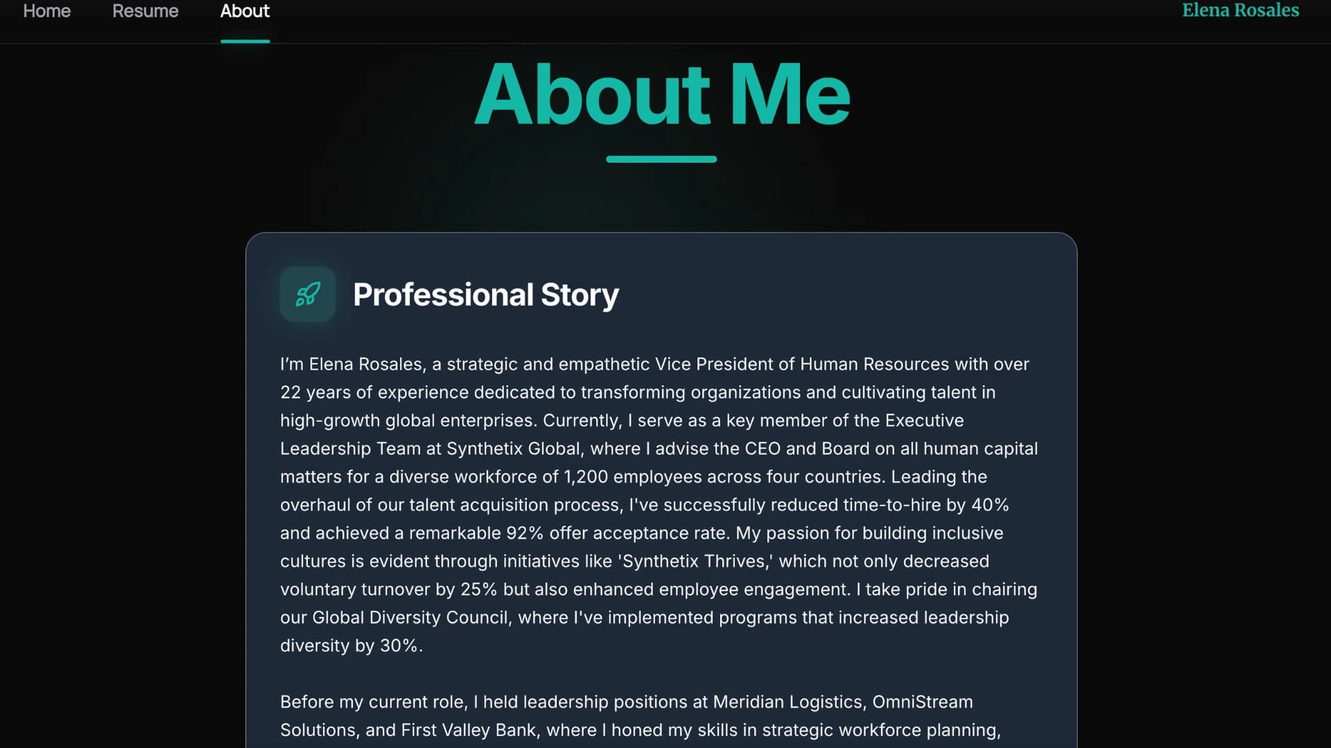 Elena Rosales - About Page Example